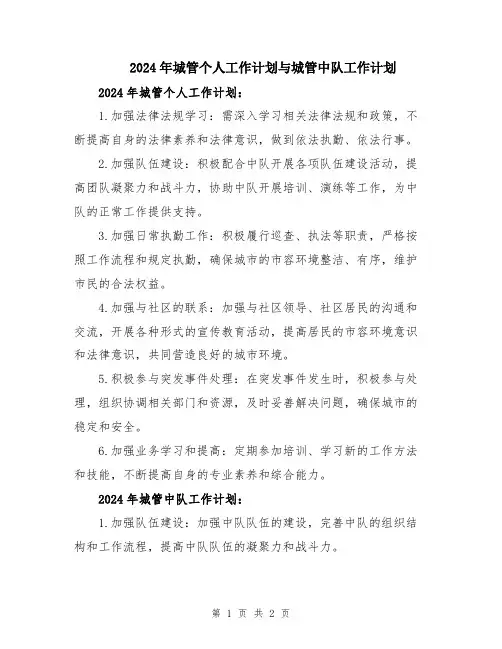 2024年城管个人工作计划与城管中队工作计划