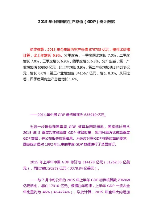 2015年中国国内生产总值（GDP）统计数据