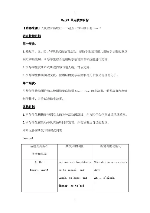 人教版(新起点)英语六下Unit 3《Daily Life》单元教学目标