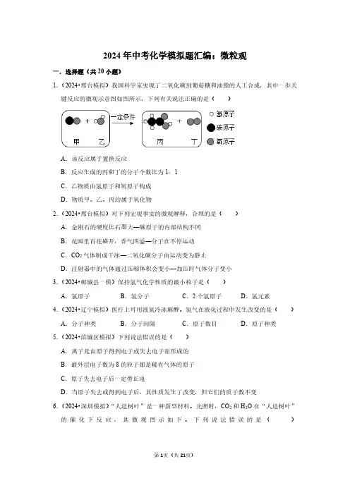 2024年中考化学模拟题汇编：微粒观(附答案解析)