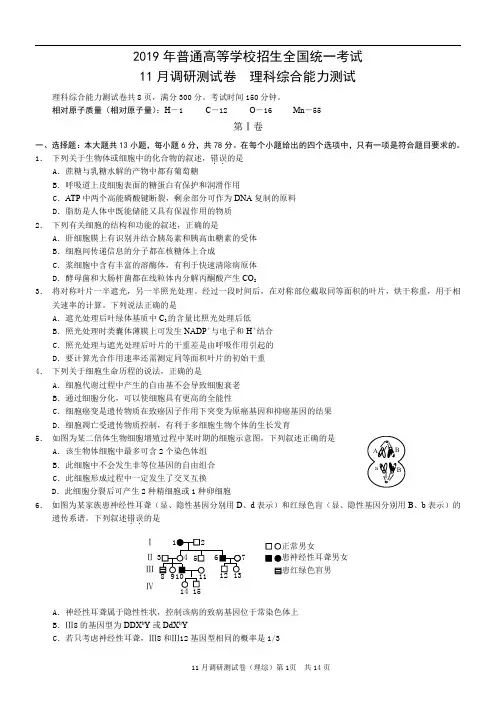 重庆市(区县)2019年普通高等学校招生全国统一考试11月调研测试卷理科综合试题含答案