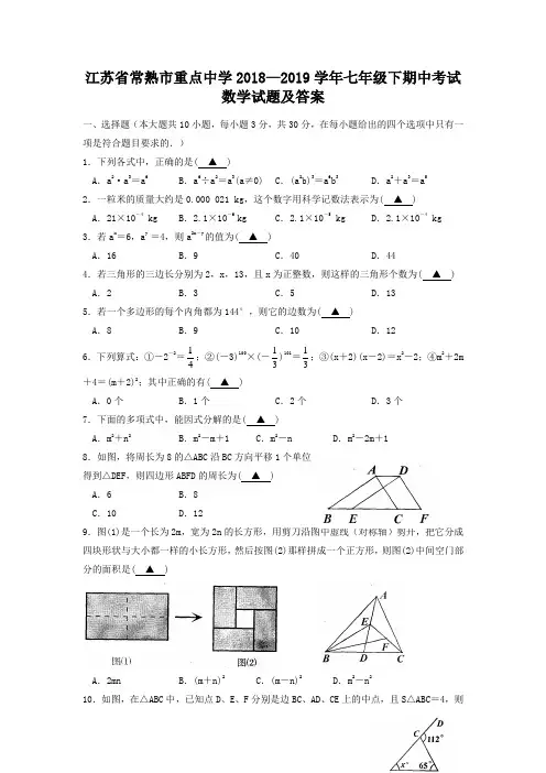 江苏省常熟市重点中学2018—2019学年七年级下期中考试数学试题及答案