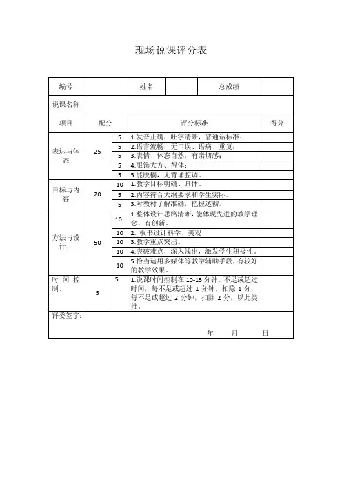现场说课评分表