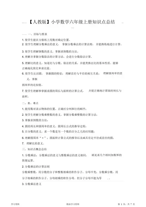最全面人教版小学数学六年级上册知识点总结(精华版)