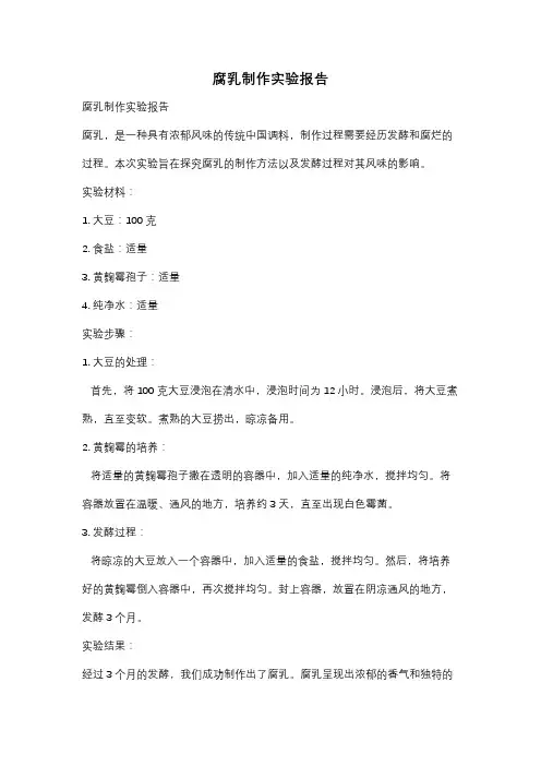 腐乳制作实验报告