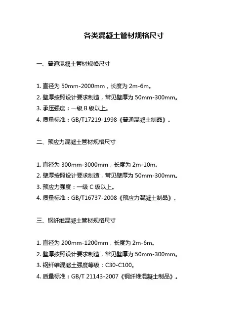 各类混凝土管材规格尺寸