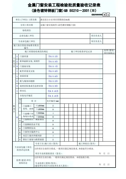 金属门窗安装工程检验批质量验收记录表3