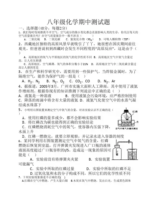 鲁教版八年级化学下学期期中试卷