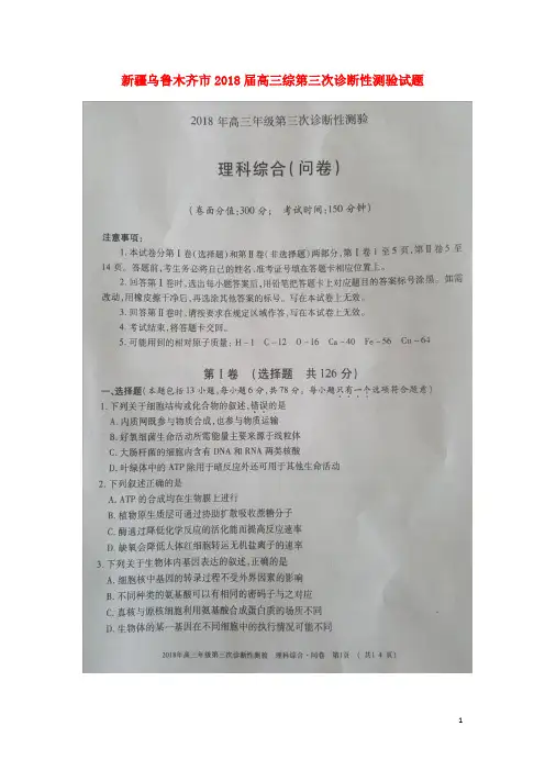 新疆乌鲁木齐市高三理综第三次诊断性测验试题(扫描版)