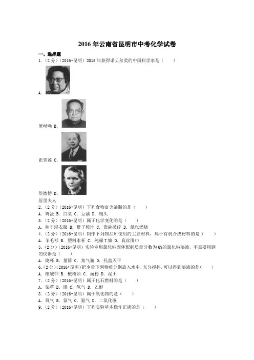 云南省昆明市中考化学试卷(含答案)Word版