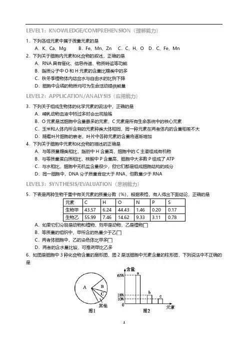 生物高考专题知识点复习及试题讲练(含答案)：元素和化合物