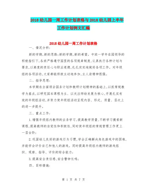 2018幼儿园一周工作计划表格与2018幼儿园上半年工作计划例文汇编