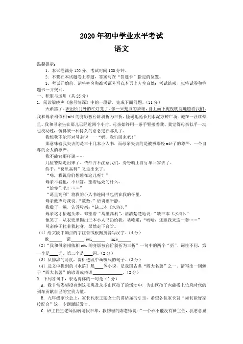 2020年初中毕业生学业水平考试试卷语文(含答案) (19)