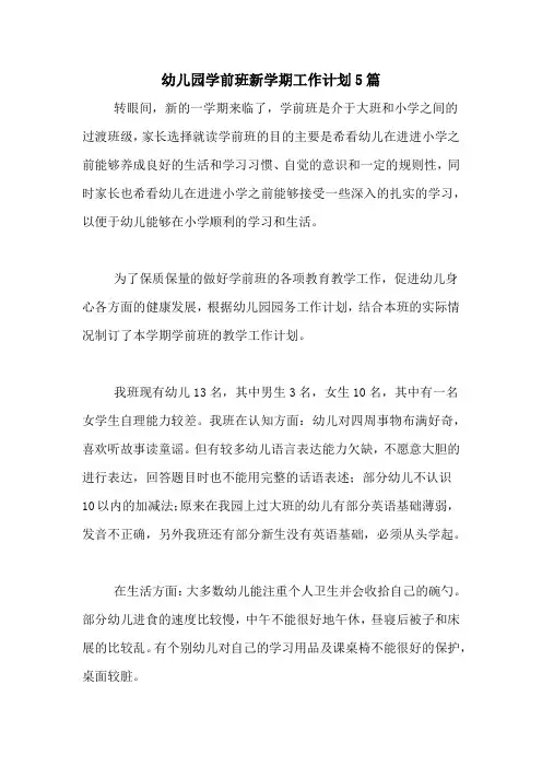 2020年幼儿园学前班新学期工作计划5篇