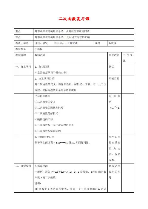 人教版九年级数学上册第二十二章 二次函数复习公开课优质教案 