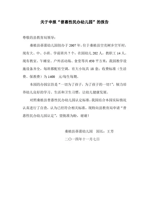 普惠性幼儿园申请报告