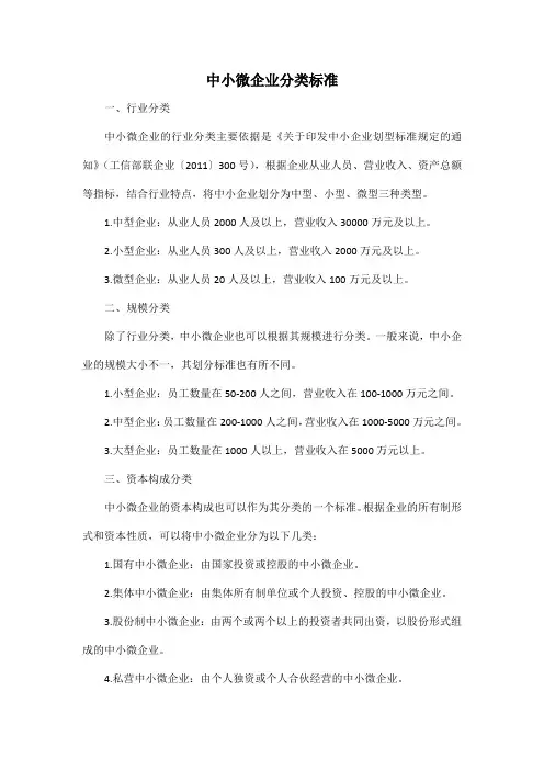 中小微企业分类标准