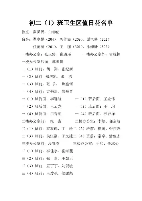 初二(1)班卫生区值日花名单