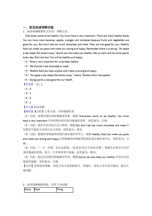 六年级人教版小学英语阅读理解试题(及答案)