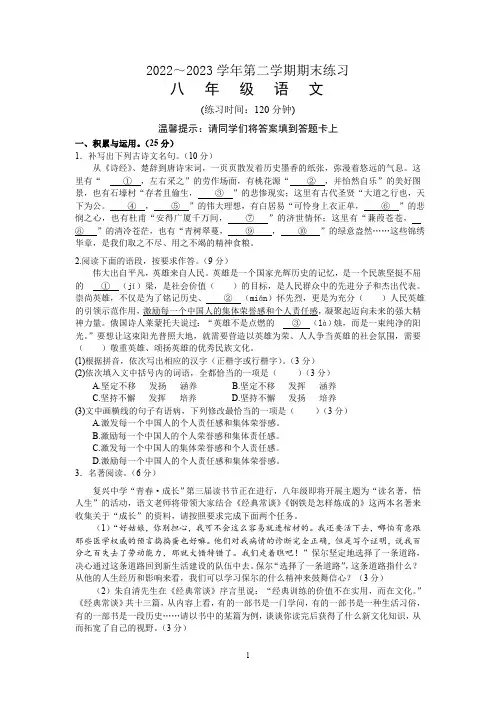 福建省龙岩市漳平市2022-2023学年八年级下学期期末练习语文试题(含答案)