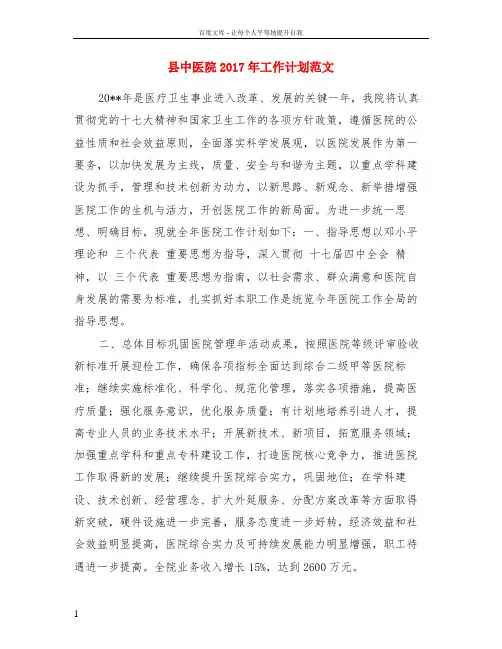 县中医院2017年工作计划范文