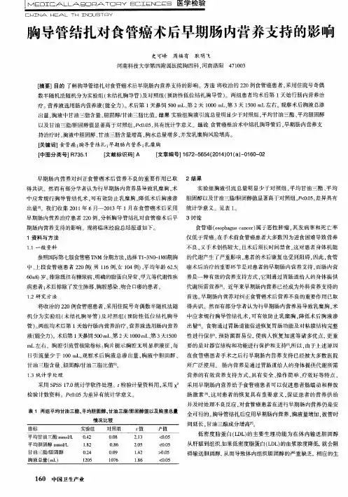 胸导管结扎对食管癌术后早期肠内营养支持的影响