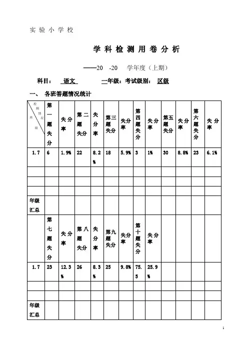 语文一年级 试卷分析(一年级七班)