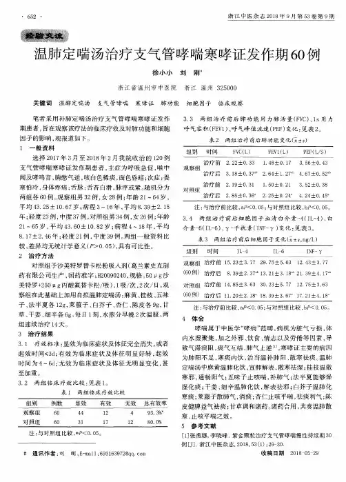 温肺定喘汤治疗支气管哮喘寒哮证发作期60例