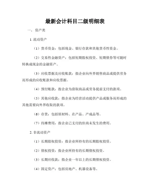 最新会计科目二级明细表
