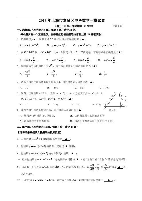上海市奉贤区中考数学一模试卷及答案.pdf