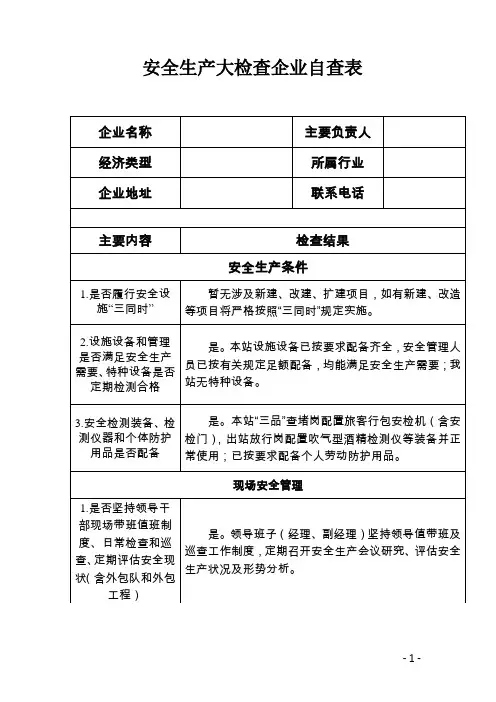 安全生产大检查企业自查表(汽车客运站)