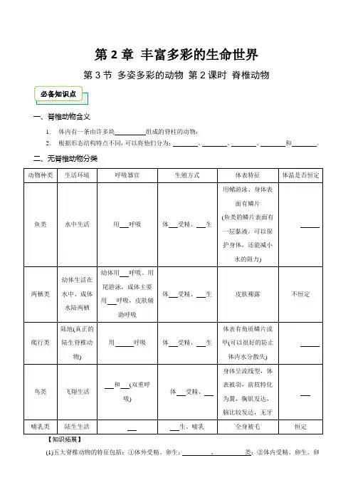 20242025七上科学浙教版新教材第2章第3节多姿多彩的动物第2课时脊椎动物讲义学生版
