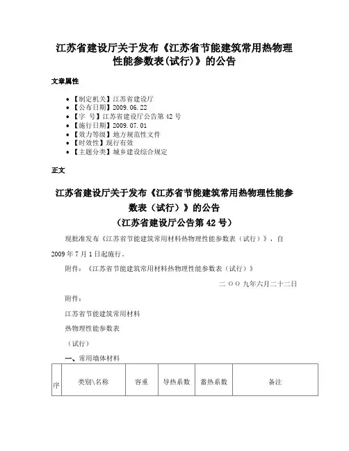 江苏省建设厅关于发布《江苏省节能建筑常用热物理性能参数表(试行)》的公告