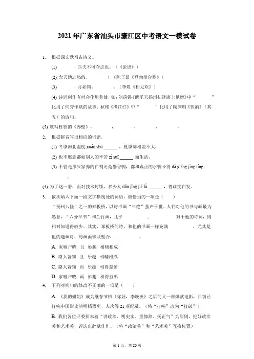 2021年广东省汕头市濠江区中考语文一模试卷(含答案解析)
