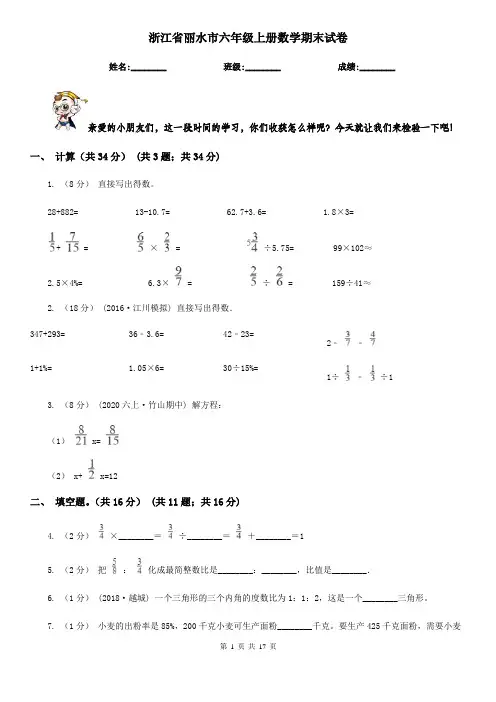 浙江省丽水市六年级上册数学期末试卷