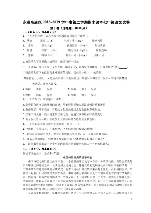 武汉东湖高新区2018-2019学年七年级第二学期期末语文试卷及答案.pdf