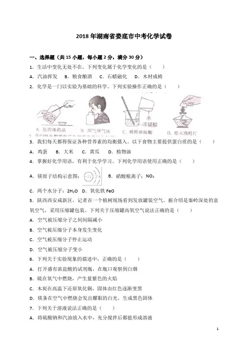 湖南省娄底市2018年中考化学试题及答案解析-真题卷