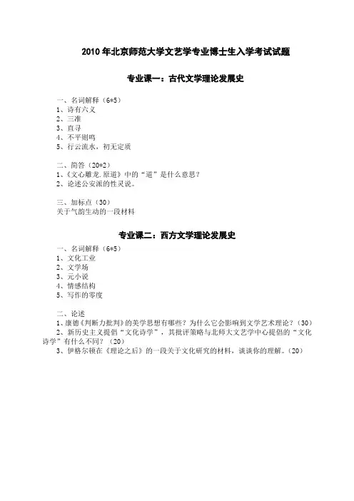 2010、2011年北京师大文艺学考博试卷