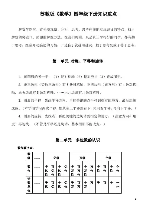 苏教版四年级数学下册重点(最新整理)