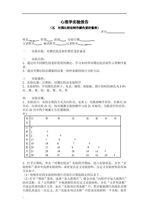 对偶比较法制作颜色爱好量表实验报告