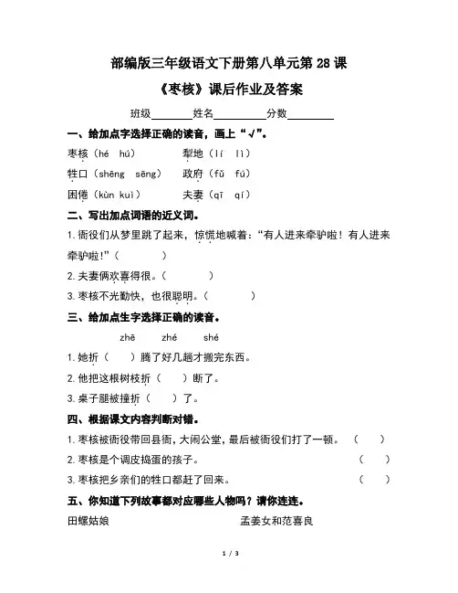 部编版三年级语文下册第八单元第28课《枣核》课后作业及答案