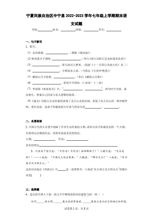 宁夏回族自治区中宁县2022-2023学年七年级上学期期末语文试题(含解析)