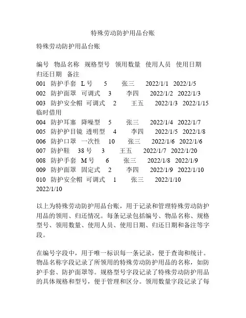 特殊劳动防护用品台账