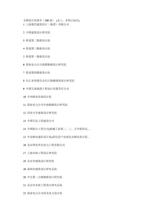 全国设计院排名(500强) (水工,水利已标出)
