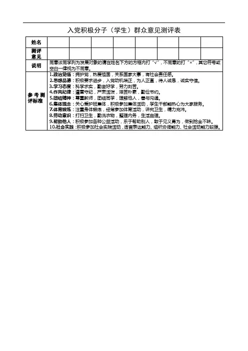 入党积极分子(学生)群众意见测评表