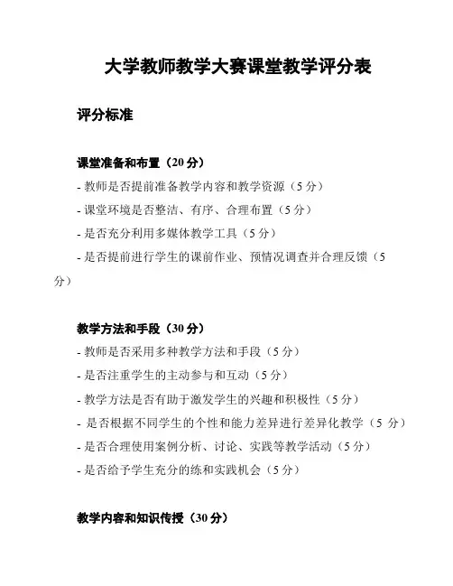 大学教师教学大赛课堂教学评分表