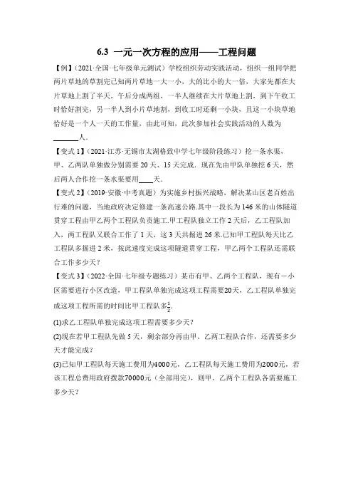 题型专题训练：6_3 一元一次方程的应用—— 工程问题