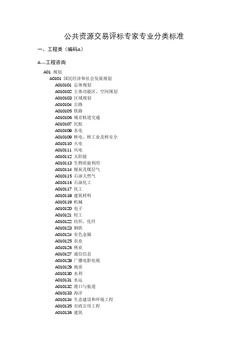 公共资源交易评标专家专业分类标准