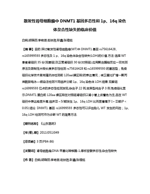 散发性肾母细胞瘤中DNMT1基因多态性和1p、16q染色体杂合性缺失的临床价值
