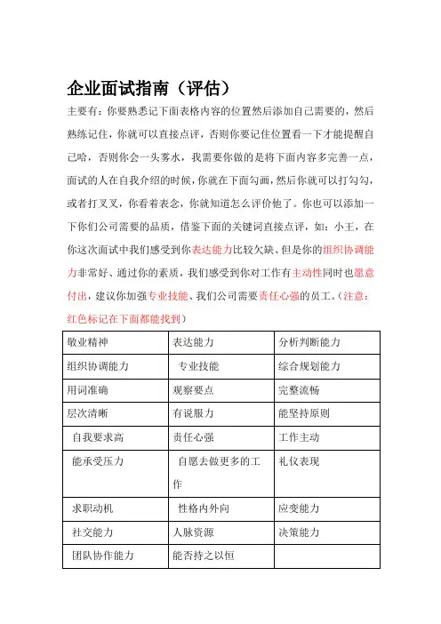 面试评估指南评价表评语